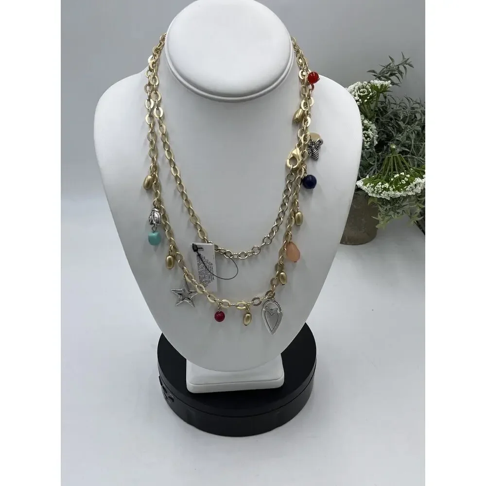 Chicos Gold Tone with Silver Tone (NWT Charms Dangle Double Strand Necklace New‎